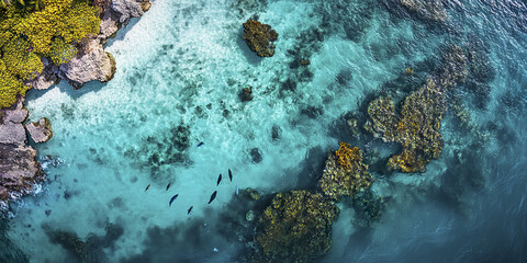 Aerial view of stunning coral lagoon with crystal clear water