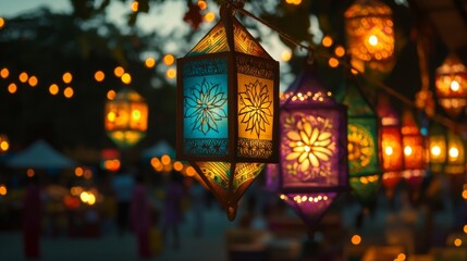 Illuminated Lanterns Decorate Festive Night Market