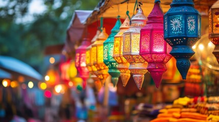 Colorful Hanging Lanterns Illuminate Market Stall