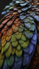 Fototapeta premium close up of vibrant, multicolored bird feathers showcasing spectrum of colors from orange to blue, creating mesmerizing pattern. intricate details highlight natural beauty and texture of feathers