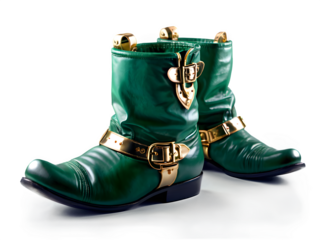 A pair of traditional leprechaun boots with curled toes and golden buckles, isolated on a crisp white background.
