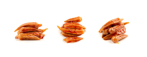 Stewed okra, cooked bamya fruits isolated, traditional asian dish bamia in red sauce, okra stew closeup