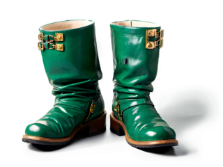 A pair of traditional leprechaun boots with curled toes and golden buckles, isolated on a crisp white background.

