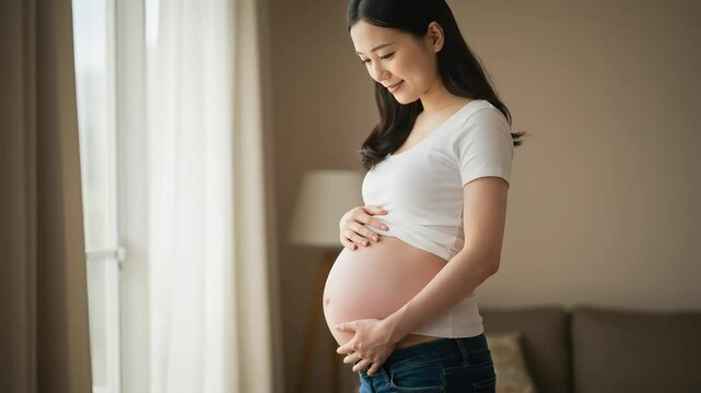妊娠で大きくなったお腹を出して、愛おしそうに見る女性