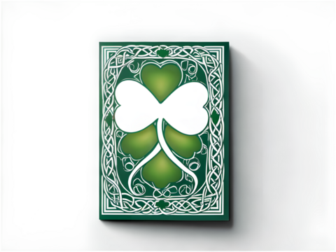 A festive greeting card featuring shamrocks, Celtic patterns, and elegant green typography on a white background.
