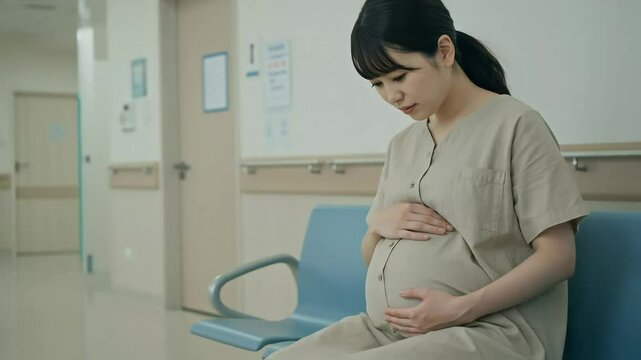 病院の待合室で一人きり、椅子に腰かけて不安そうな妊婦