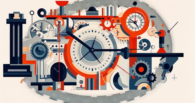 Abstract Clockwork Mechanism Illustration with Red and Blue Gears