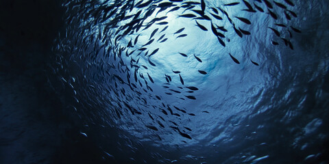 swirling school of tiny fish glows under ocean surface