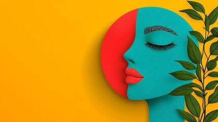 Abstract Portrait of a Woman Profile in Turquoise with Red Circular Background and Green Leaves