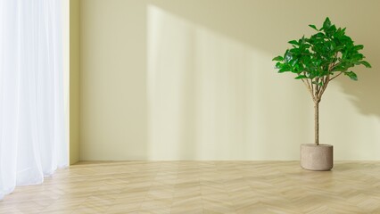 Empty pastel yellow interior with large&nbsp;window, light and shadows play on the wall, parquet floor and green plant in the pot. Interior mockup with space for furniture or paintings 