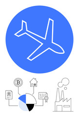 Airplane in blue circle linked to bitcoin, housing, pie chart, certificates, and industry, symbolizing connectivity, economy, technology finance housing travel and industry. Ideal for digital