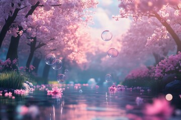 Obraz premium Cherry blossom trees surround a serene pond with floating bubbles on a calm spring morning