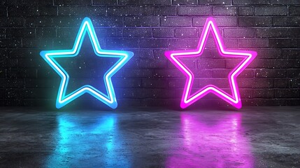 Colorful Neon Star Shapes Against Glossy Black Brick Wall with Reflections