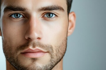 Obraz premium Studio portrait of attractive young man with perfect healthy skin and blue eyes, representing skincare and wellness