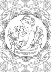 Mother's Day Coloring Page Outline Mom And Child Illustration