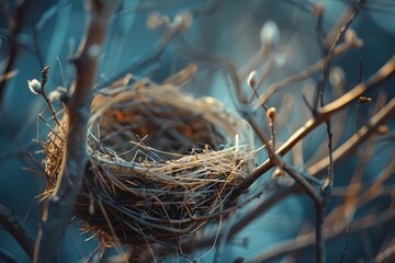 Empty Bird Nest on a Branch: A Delicate Structure of Twigs and Grass, Crafted with Nature's Materials, in a Tranquil Spring Setting, Showing Resilience and Hope.  A Symbol of Beginnings and New Life.
