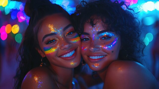 Smiling women with glow paint at vibrant night party