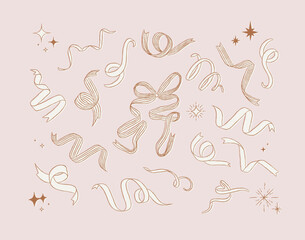 Obraz premium Ribbon variety shapes with swirl and stars collection drawing on beige background