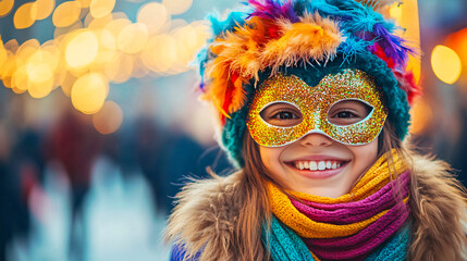 Joyful girl in colorful carnival mask with festive winter lights