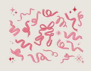Ribbon variety shapes with swirl and stars collection drawing with red and pink on beige background