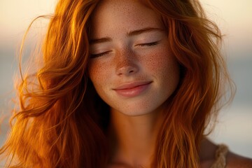 Naklejka premium Captivating Close Up Portrait Women Face Illuminated By Warm Sunset Glow, Showcasing Natural Beauty With Red Hair, Freckles, And Gentle Smile In Soft Focus, Moment Of Peace