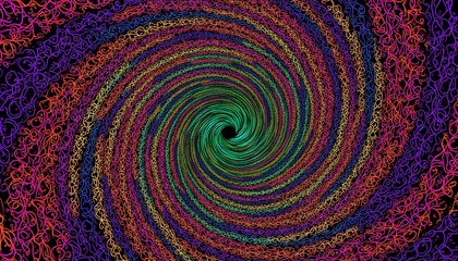 A swirling, intricate pattern of vibrant colors and geometric shapes intertwine to create a mesmerizing and otherworldly alien fiber abstract design.