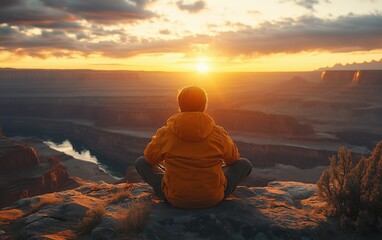GoldenHourCanyon A lone hiker meditates, bathed in the warm glow of a breathtaking sunrise over a vast canyon.