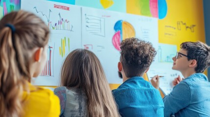 Young Minds Collaborating On Colorful Charts, Brainstorming Ideas And Sharing Insights During A Vibrant Group Project, Showcasing Creativity And Teamwork In A Bright, Energetic Classroom