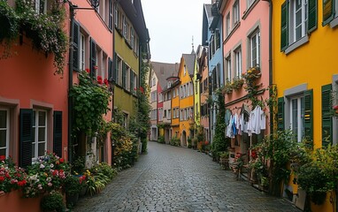 Naklejka premium Charming European cobblestone street, vibrant houses, blooming flowers, laundry hanging, picturesque scene, idyllic alleyway.