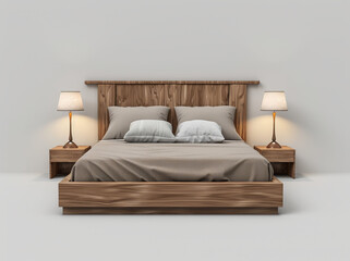 Modern 3D bed icon, beige-grey-brown, wooden headboard, two lamps, pillows, white background.