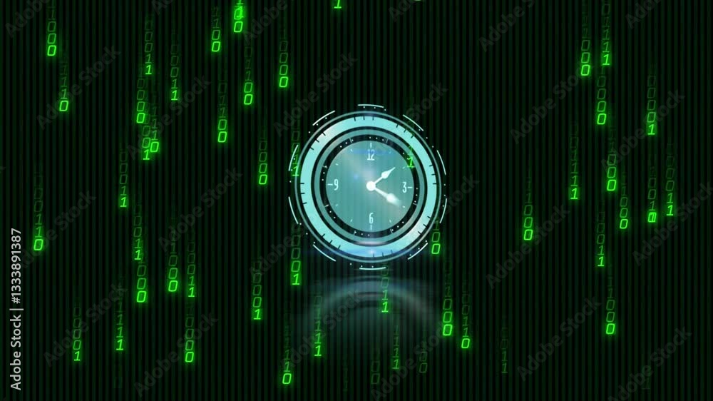 Poster falling binary code and digital clock on green background, creating animation effect