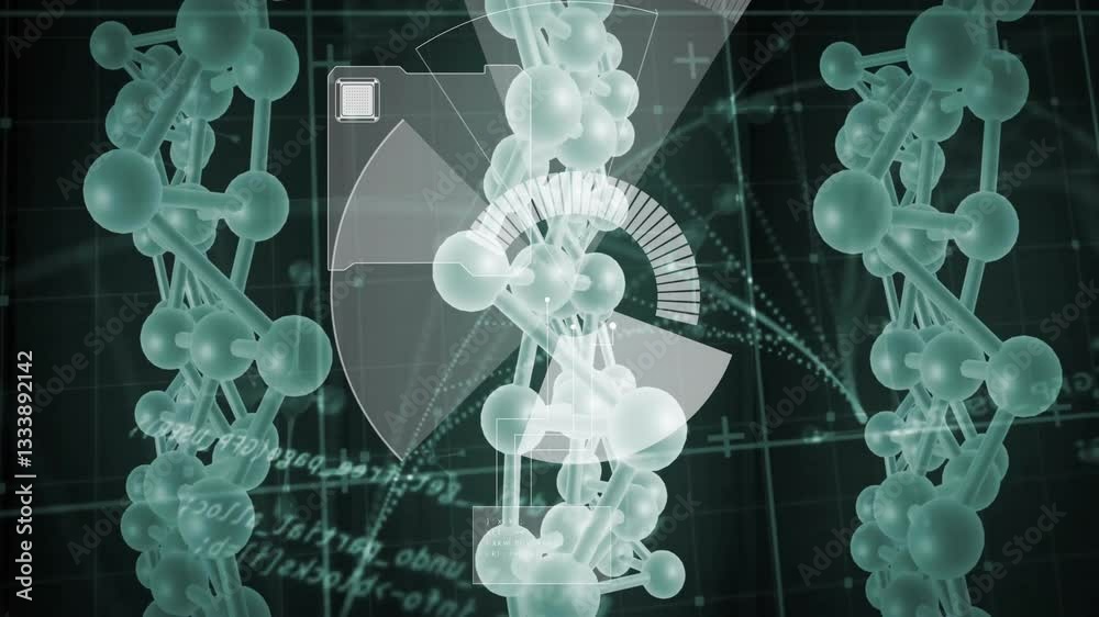 Poster processing scientific data, dna strand and binary coding animation in school setting