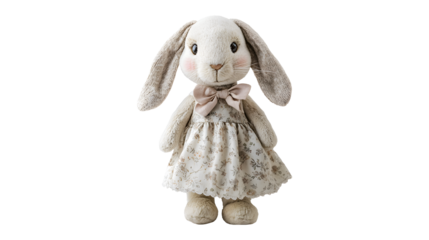 A stuffed rabbit in a pink dress with a bow