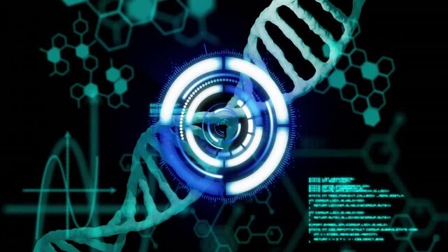 Digital interface processing data with animated DNA strand in futuristic setting - Powered by Adobe