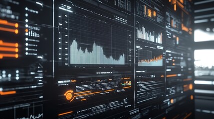 Obraz premium A futuristic digital screen displays charts and graphs, data visualization with glowing lines and holographic effects. 