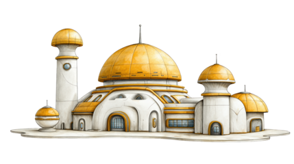 A whimsical, domed structure featuring golden roofs and intricate architectural details.