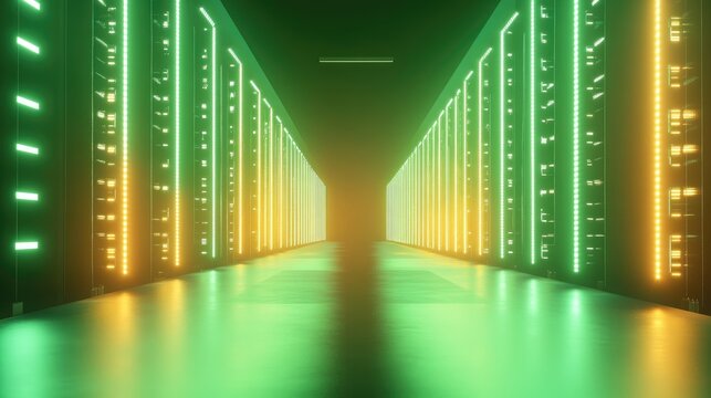 A long server room corridor illuminated with green and yellow lights