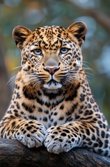 Obraz premium Majestic Leopard Portrait with Striking Spots and Intense Eyes, Capturing the Beauty of Wildlife in a Natural Habitat, Perfect for Nature Photography Lovers