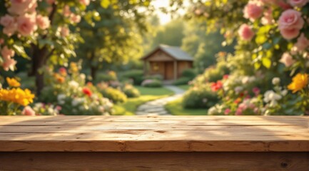 Fototapeta premium A clean wooden table with sharp focus in the foreground, with a cozy rural scene faintly visible in the background.