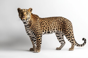 Naklejka premium Majestic Leopard Posing Gracefully on Minimalist Background Showcasing Unique Spots and Elegant Build in Studio Lighting