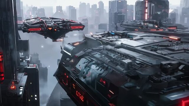 A mesmerizing display of advanced technology illuminates the dark sky as flying ships glide between colossal skyscrapers draped in vibrant neon lights. The futuristic city pulses with energy.