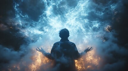 Obraz premium A figure stands amidst swirling clouds of blue and orange light, evoking a sense of wonder and cosmic exploration.