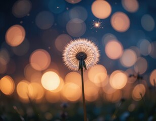 Captivating dandelion seeds dancing in twilight nature photography bokeh background outdoor serenity