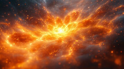 A stunning cosmic explosion with vibrant orange and yellow hues, depicting the vastness of space in a mesmerizing, ethereal glow.
