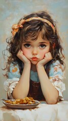 Naklejka premium A charming portrait of a pensive girl resting her chin on her hands, with a plate of dessert nearby. Perfect for kids, emotions, and nostalgia.