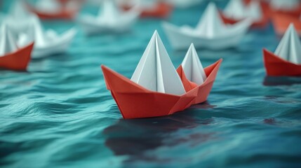 A diverse fleet of paper ships, white and red, sail in opposite directions, a symbol of the innovative and unconventional solutions needed to navigate a challenging future.