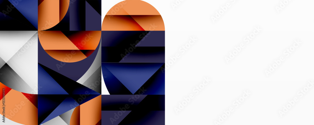 Fototapete Abstract geometric design with intersecting circles, triangles, squares and sharp angles creating a layered composition with gradients, depth, and contrast