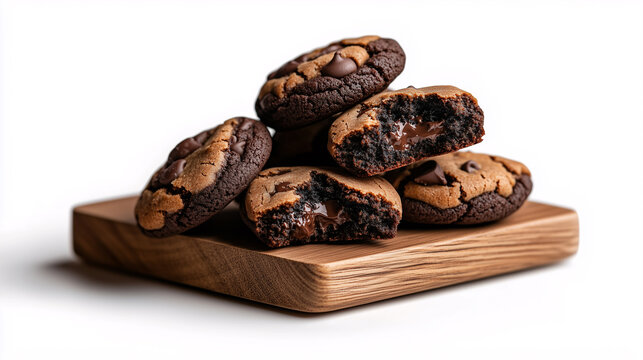 A rustic wooden board with a dozen chocolate chip cookies scattered