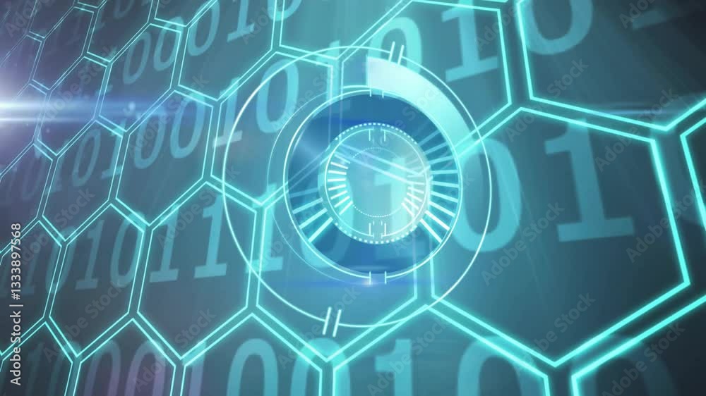 Poster Digital clock animation over binary code and hexagonal network pattern