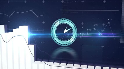 Animating digital clock over financial graphs and data visualization on screen - Powered by Adobe